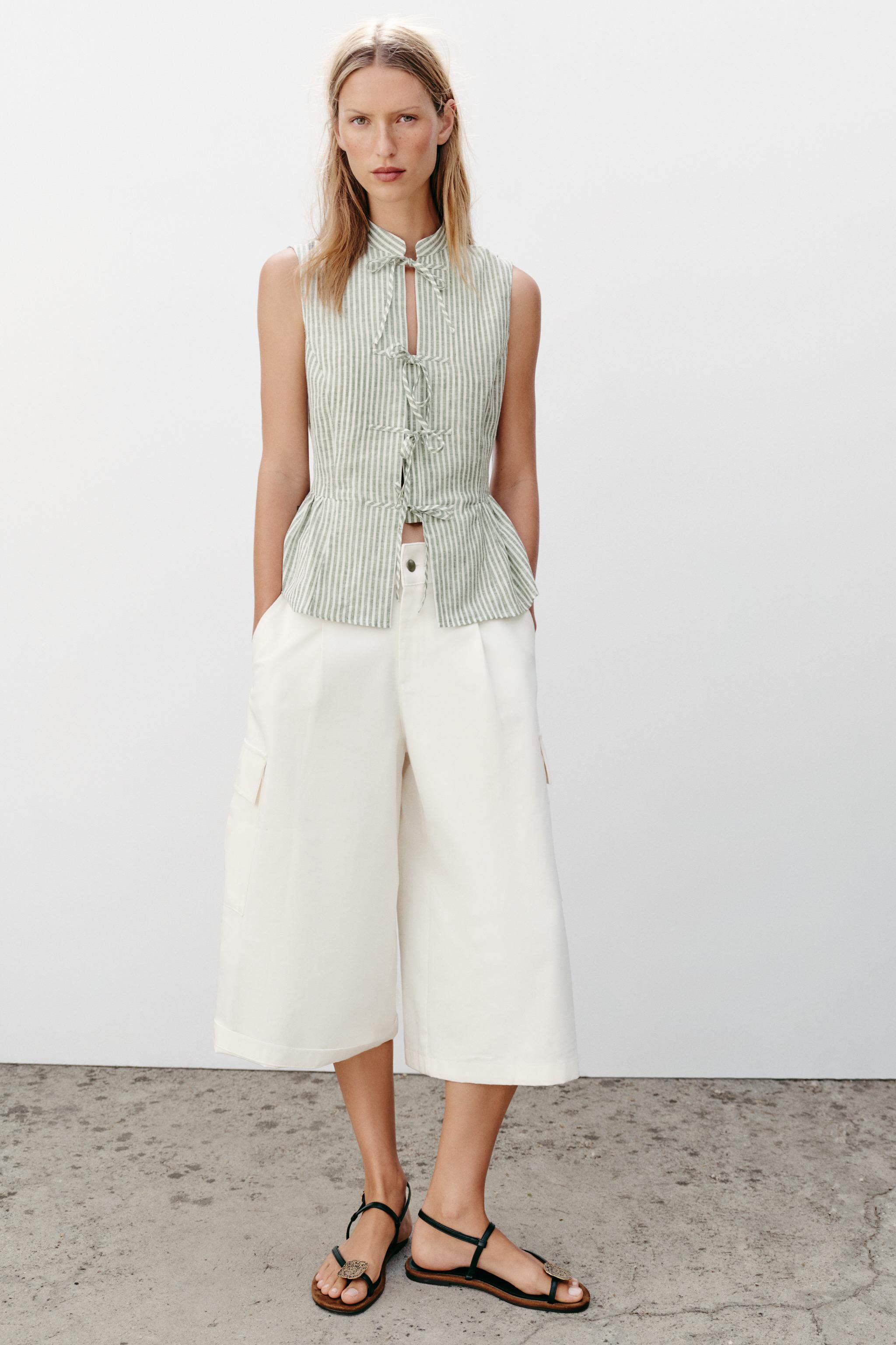 STRIPED METALLIC THREAD TIE TOP